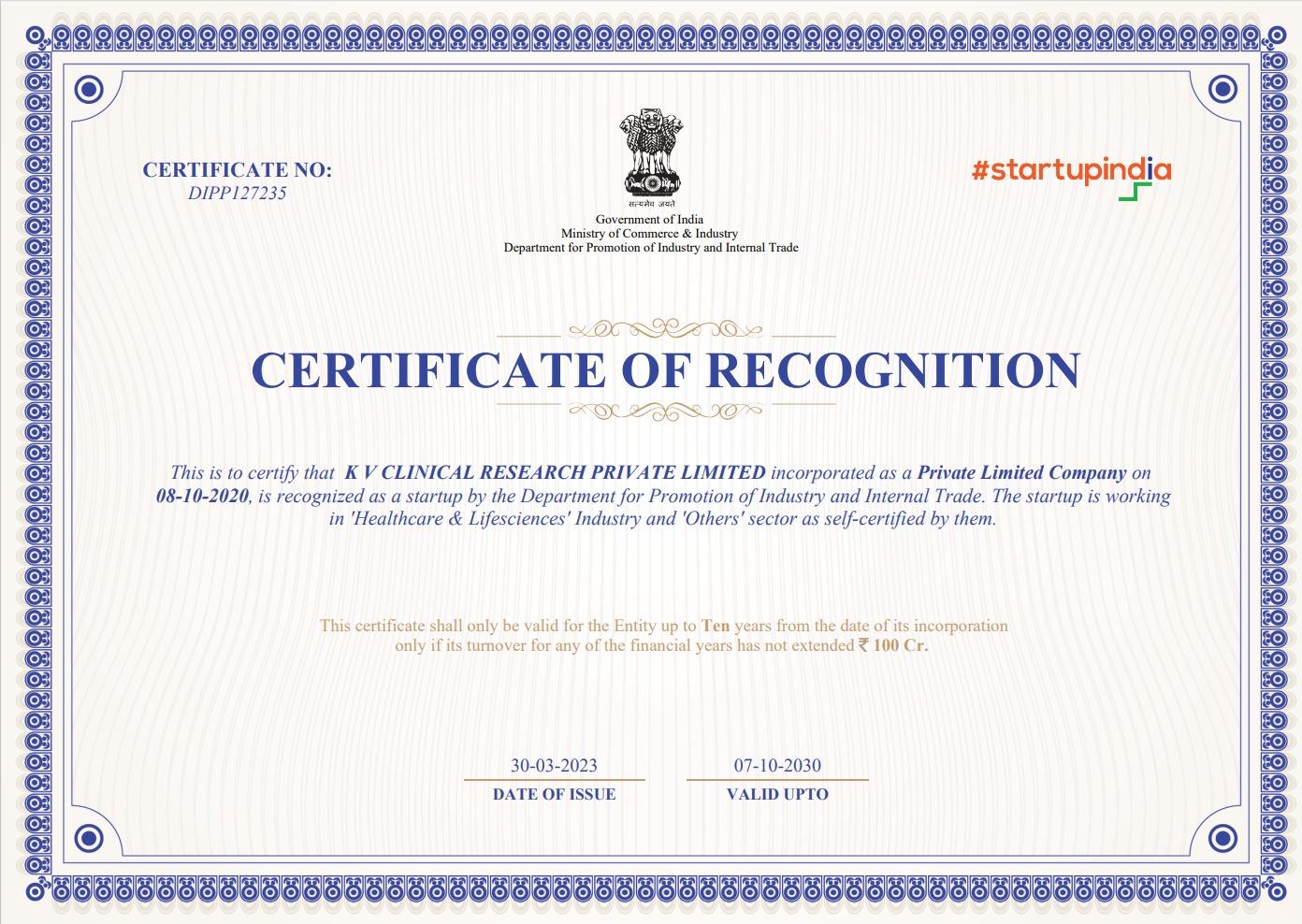 startup India certificate to KV Clinical Research